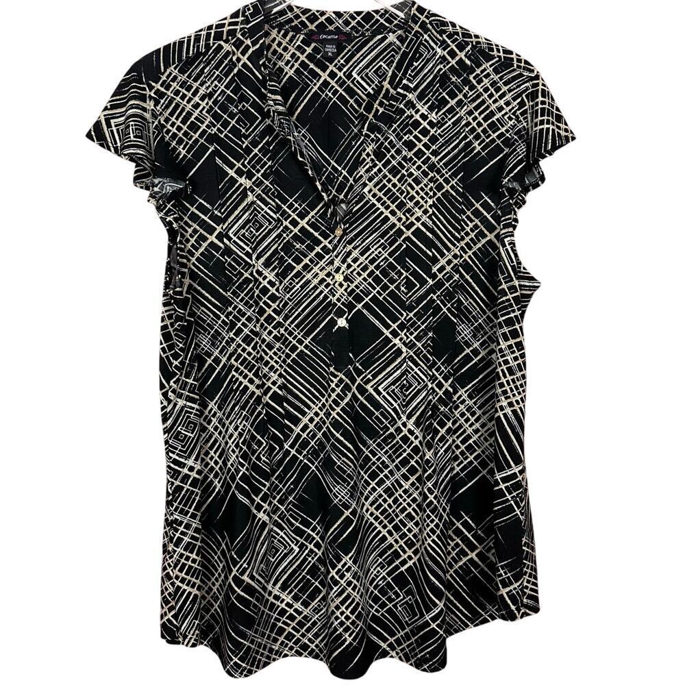 Cocomo Womens‎ Pleated Henley Top Cap Sleeve Ruffle Black Cream Size XL